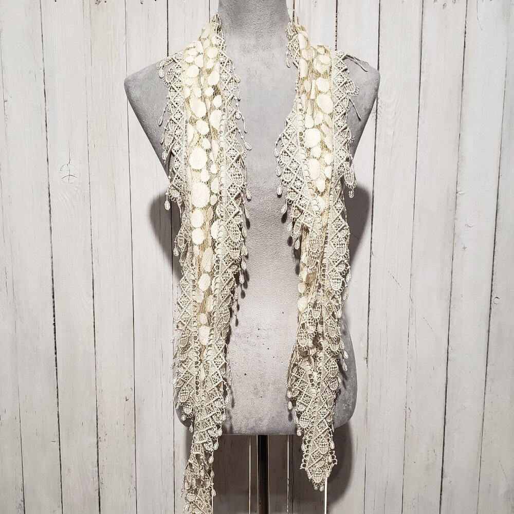 Women's Scarf Cream Beige Fringe Sheer Mesh Lace Cottage Boho Coastal Coquette - Picture 4 of 7